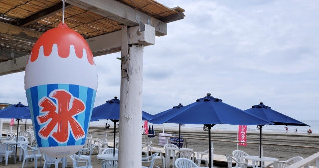青いパラソルが並ぶ海辺。夏らしい開放的な雰囲気が広がります。